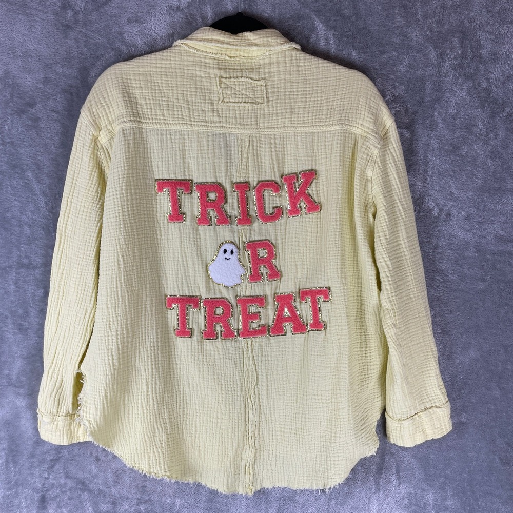 Judith March Shirt Womens L Yellow Halloween Trick Or Treat Ghost Gauze Shacket